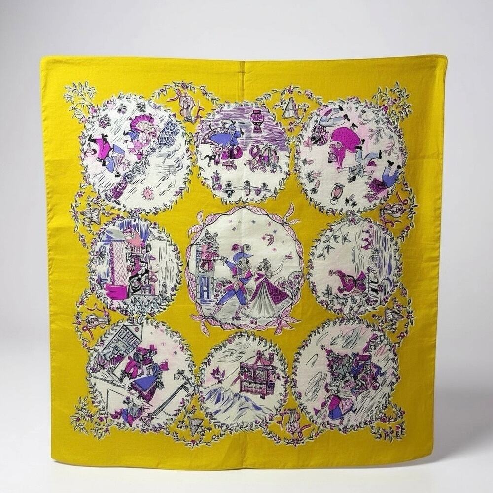 Vintage 1950s Silk Folk Song Scarf – 9 Scenes, Hand Rolled Yellow Hot Pink Print